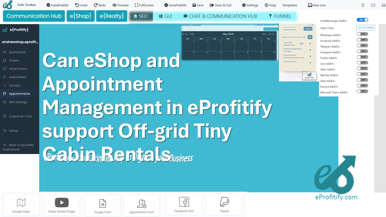 Can eShop and Appointment Management in eProfitify support Off-grid Tiny Cabin Rentals